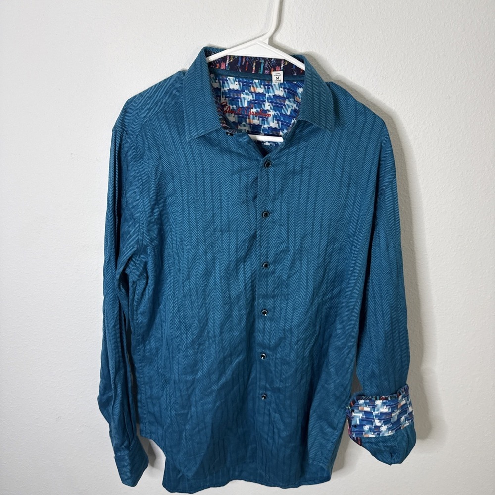 Robert Graham Shirt Mens M Teal Blue Long Sleeve Flip Cuffs Button Down Up/Mint